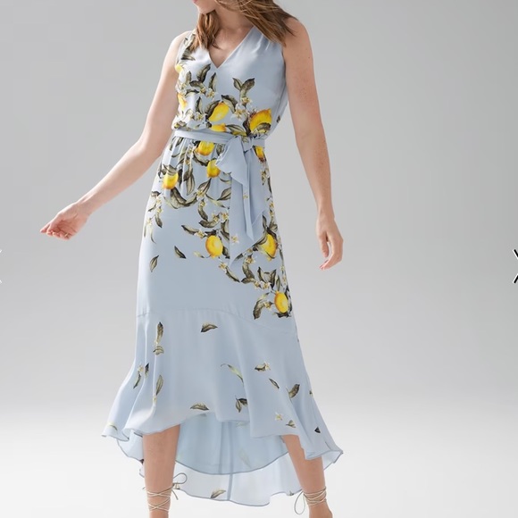 WHBM Blue Sleeveless Lemon Print Tea Midi Dress High Low Hem XL - Picture 2 of 16